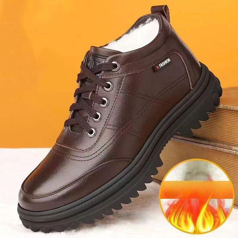 Men's Brown Leather Winter Shoes with Plush Lining and Non-Slip Sole - Warm Waterproof Lace-Up Boots for Outdoor Wear