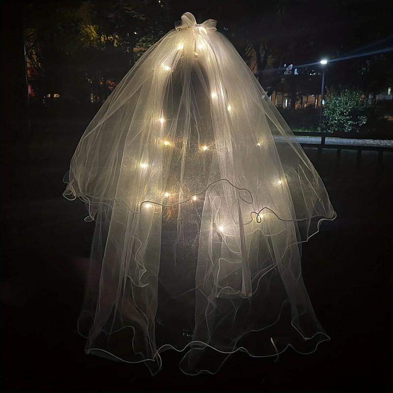 LED Luminous Head Veil Long 23.62inch Luminous Yarn Fairy Children's Ribbon Bow Veil With Light String Party Wedding Bride2