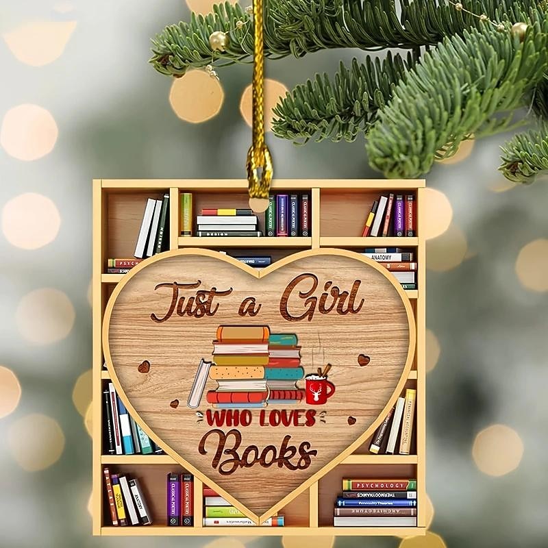 Christmas Tree Decor, 2D Acrylic Square Heart Bookshelf Pendant, Library Bookshelf Heart Ornament, Room Decorations3