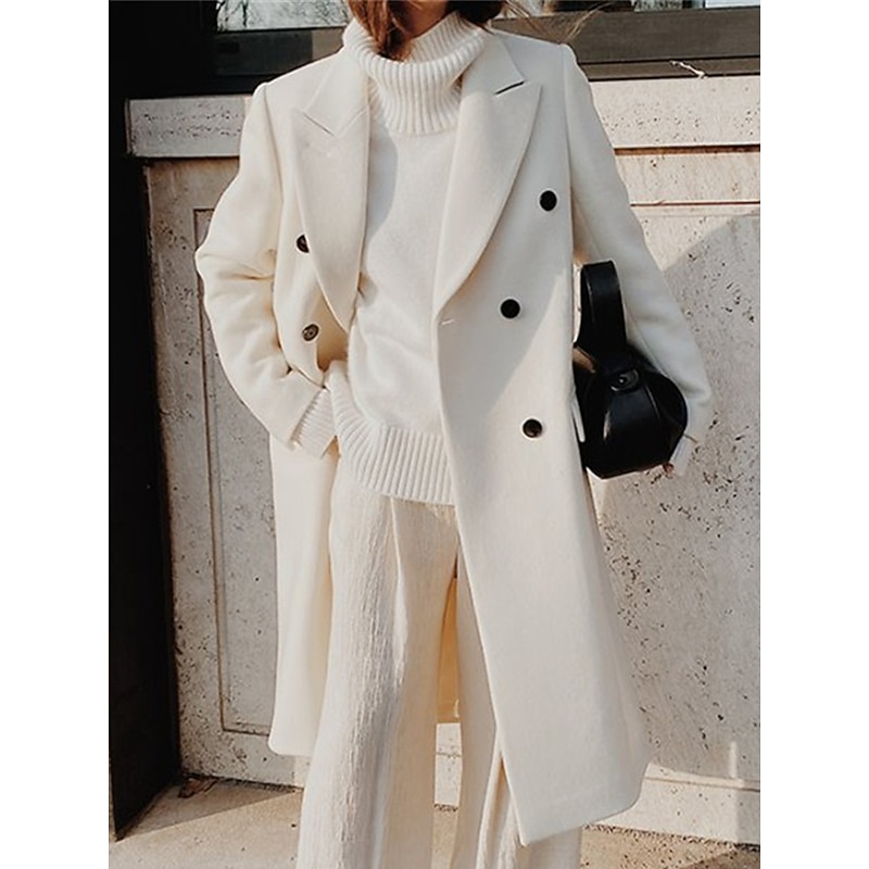 Women's Overcoat Long Pea Coat Double Breasted Lapel Trench Coat Windproof Warm Winter Coat with Pockets Fall Stylish Contemporary Modern Jacket Long Sleeve White Khaki