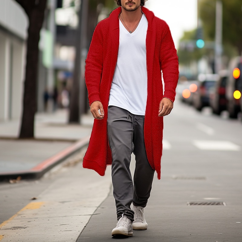 Men's Sweater Cardigan Sweater Fall Sweater Ribbed Knit Long Button Knitted Plain Lapel Fashion Warm Ups Casual Daily Wear Clothing Apparel Fall & Winter Wine Red Yellow S M L2