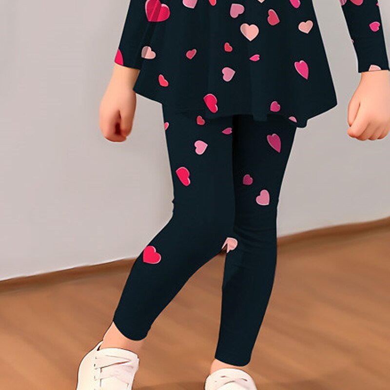 Girls' 3D Heart T-shirt & Legging Ruffle Dress Set Long Sleeve 3D Print Fall Winter Active Fashion Daily Kids 3-12 Years Outdoor Vacation Date Regular Fit 5