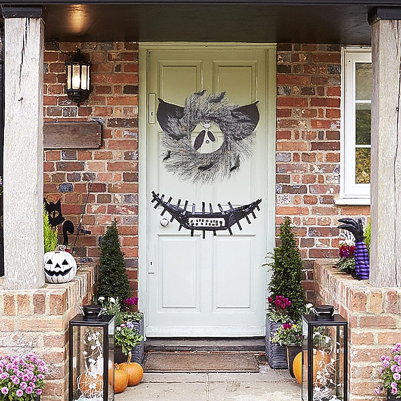 Halloween Wreath with Lights Pre-lit Halloween Wreaths for Front Door OutsideBlack Halloween Door Wreath Lighted Wreath Outdoor Halloween Decorations Home Holiday Party Props Halloween Decor3