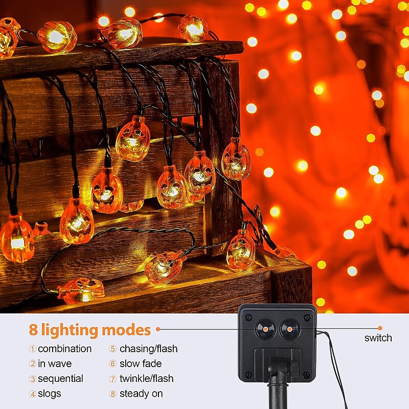 Halloween String Lights Solar Powered Pumpkin Lights 5m 20LEDs Outdoor Waterproof Halloween Mini Jack O Lantern Party Garden Balcony Tree Decoration Hanging Lights 1/2pcs2