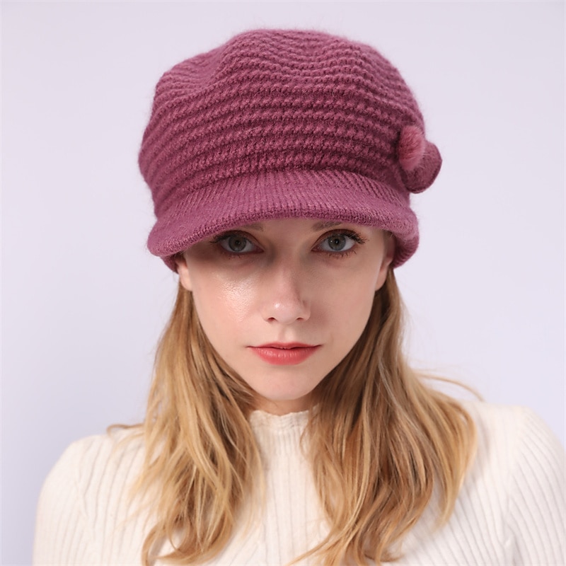 Women's Knit Hat Bow & Pom Poms Decor Thermal Winter Hat With Sun Visor For Outdoor2