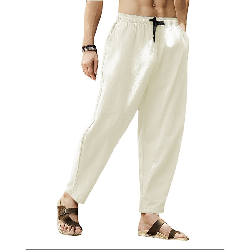Men's Linen Pants Summer Pants Pocket Drawstring Plain Casual Daily Yoga Cotton Blend Basic Classic Black White4