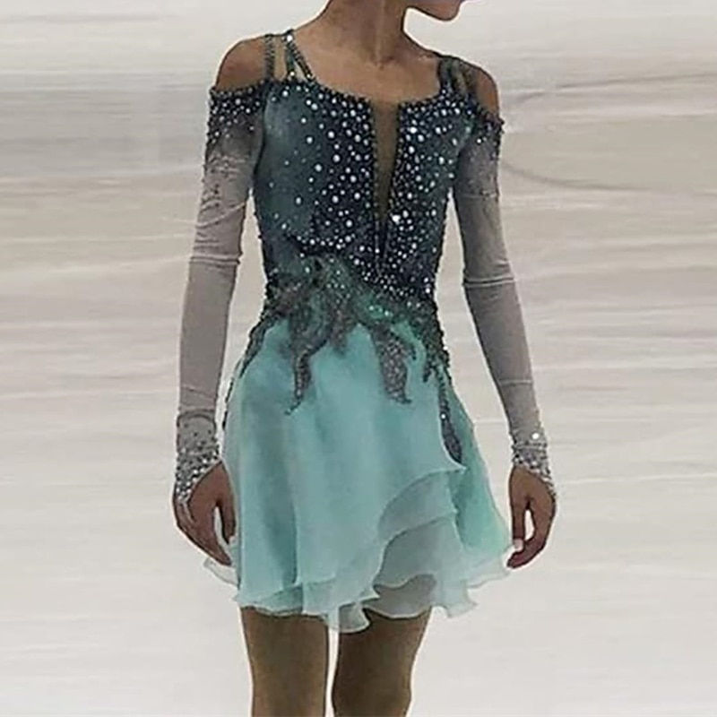 Figure Skating Dress Women's Girls' Ice Skating Dress Green Stretchy Training Competition Skating Wear Thermal Warm Crystal / Rhinestone Long Sleeve Ice Skating Figure Skating4