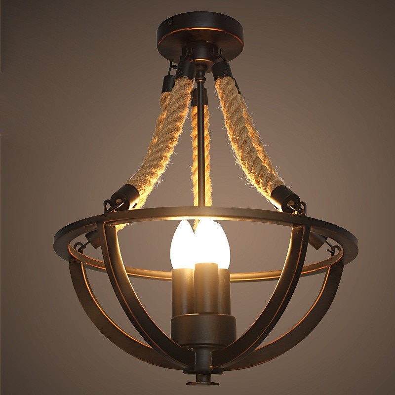 Ceiling Pendant Light Chandelier Modern Rustic Hemp Rope Iron Basket Semi Flush Mount Ceiling Light Metal Kitchen Bar Restaurant Decoration Pendant Light Chandelier 4Light E14 Candle Lights 110-240V3
