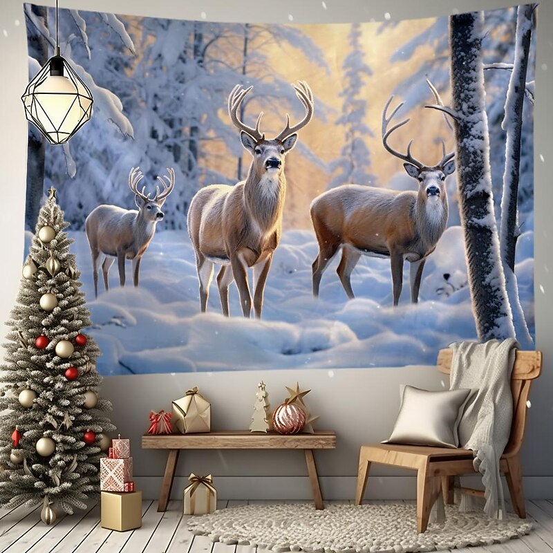 Winter Wonderland Hanging Tapestry Wall Art Large Tapestry Mural Decor Photograph Backdrop Blanket Curtain Home Bedroom Living Room Decoration Snow Reindeer 9