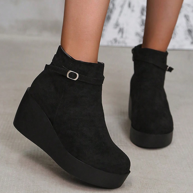Women's Platform Wedge Ankle Boots – Fashionable Zipper Closure Faux Suede Boots for Casual Fall and Winter Outfits3