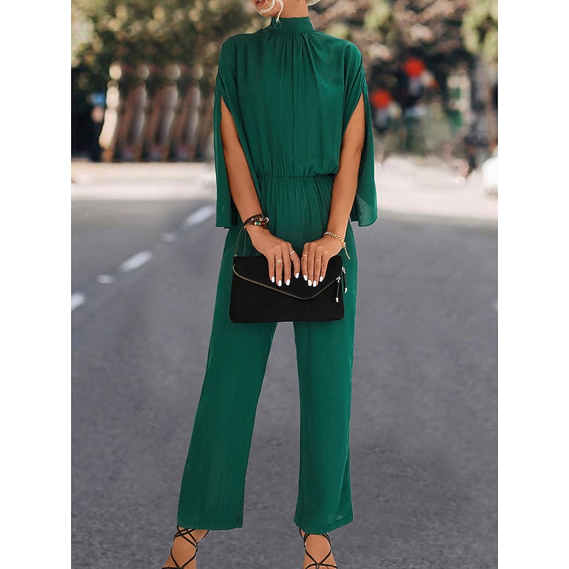 Women's Normal Jumpsuit Elegant Solid Color 3/4 Length Sleeve Stand Collar High Waist Wedding Vacation Regular Fit Black Green Fall4