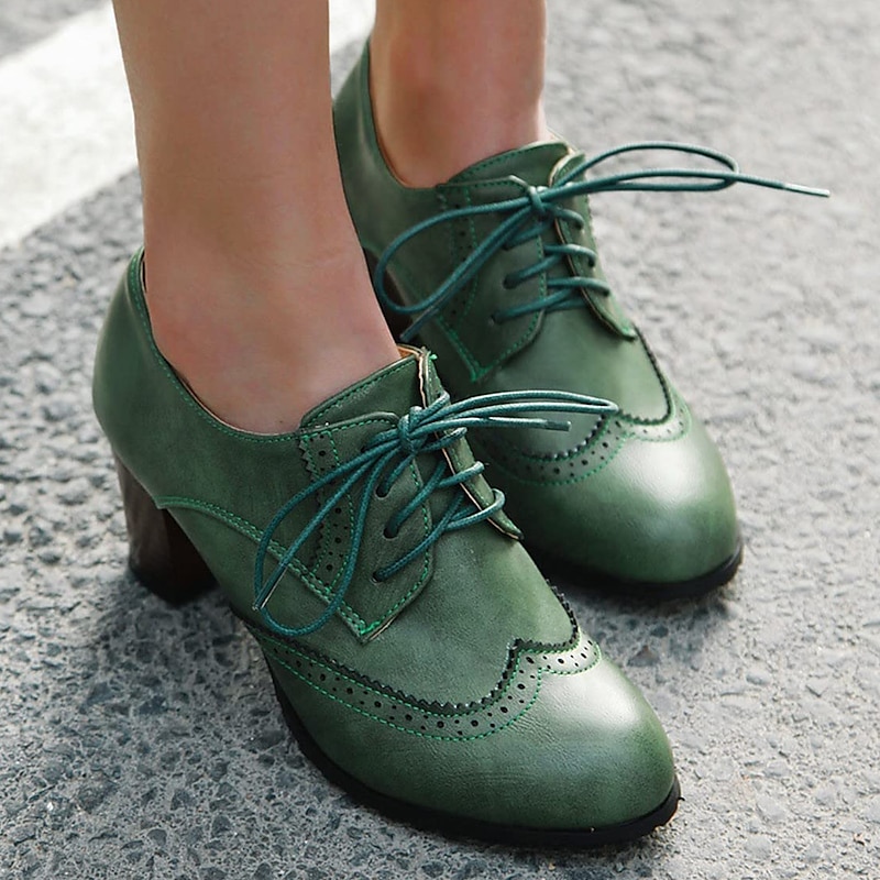 Women's Green Brogue Oxford Heels - Vintage Lace-Up Leather Shoes with Chunky Heel for Office and Casual Wear3