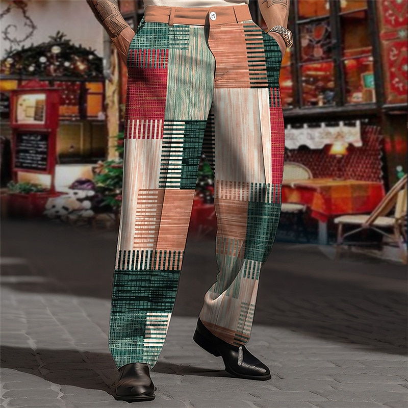 Plaid Geometry Business Men's 3D Print Pants Trousers Outdoor Street Wear to work Polyester Yellow Red Purple S M L High Elasticity Pants2