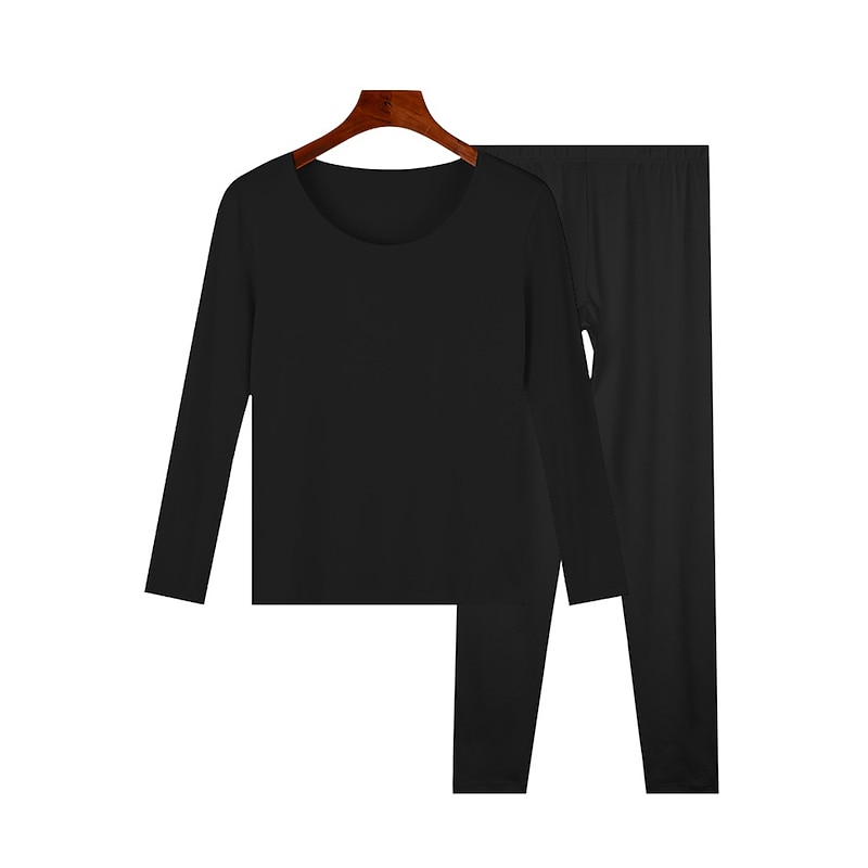 Women's Pajamas Thermal Set Pure Color Warm Comfort Soft Home Daily Bed Comfort Warm Crew Neck Long Sleeve T shirt Tee Pant Elastic Waist Fall Winter Home Outfits2