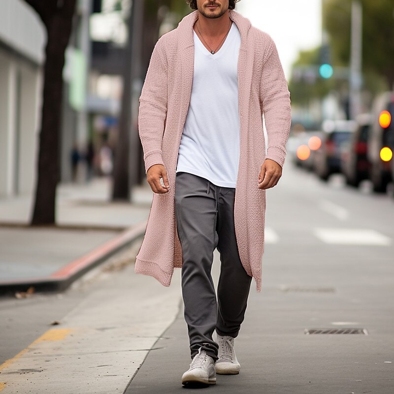 Men's Sweater Cardigan Sweater Fall Sweater Ribbed Knit Long Button Knitted Plain Lapel Fashion Warm Ups Casual Daily Wear Clothing Apparel Fall & Winter Wine Red Yellow S M L