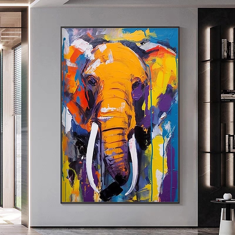 Mintura Handmade Elephant Animal Oil Paintings On Canvas Wall Art Decoration Modern Abstract Picture For Home Decor Rolled Frameless Unstretched Painting