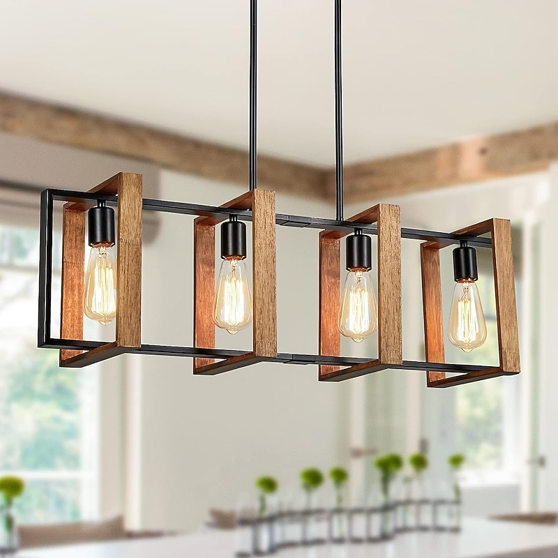 Kitchen Island Lighting, 4 - Light Dining Room Farmhouse Pendant Light, Black Modern Pendant Light, Pool Table Lamp, Wood and Matte Black Metal Finish (4 Heads, Wood) 110-240V