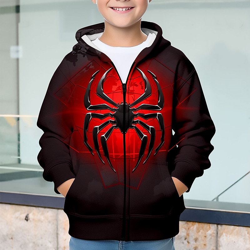 Halloween Boys 3D Spider Hoodie Coat Outerwear Long Sleeve 3D Print Fall Winter Fashion Streetwear Cool Kids 3-12 Years Outdoor Casual Daily Regular Fit