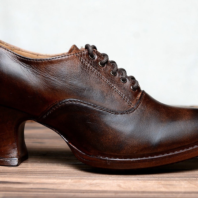 Women's Gatsby Vintage Brown Faux Leather Lace-Up Heeled Oxford Shoes - Retro Victorian Style for Formal and Casual Wear4