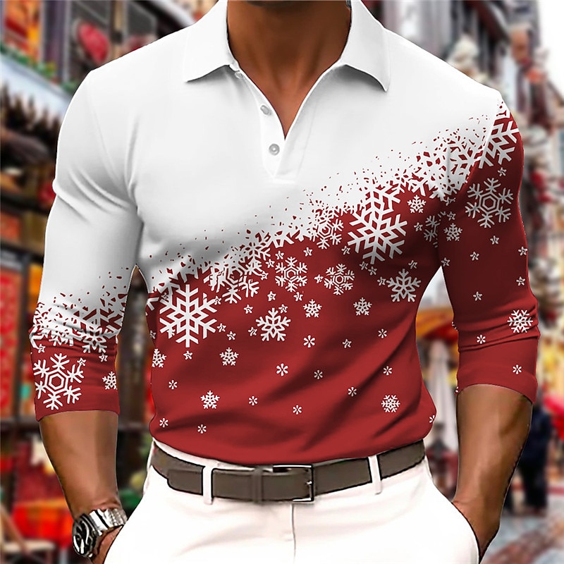 Christmas Men's Christmas Scene 3D Polo Snowflake Casual Golf Long Sleeve Outdoor Casual Daily Streetwear Fall & Winter 3D Print Turndown Lake blue Black Wine Micro-elastic Polyester