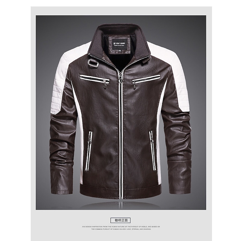 Men's Faux Leather Jacket Motorcycle Jacket Windcheater Jacket Outdoor Camping & Hiking Waterproof Windbreaker Zipper Pocket Fall Winter Color Block Fashion Streetwear Lapel Regular Black Red Coffee4