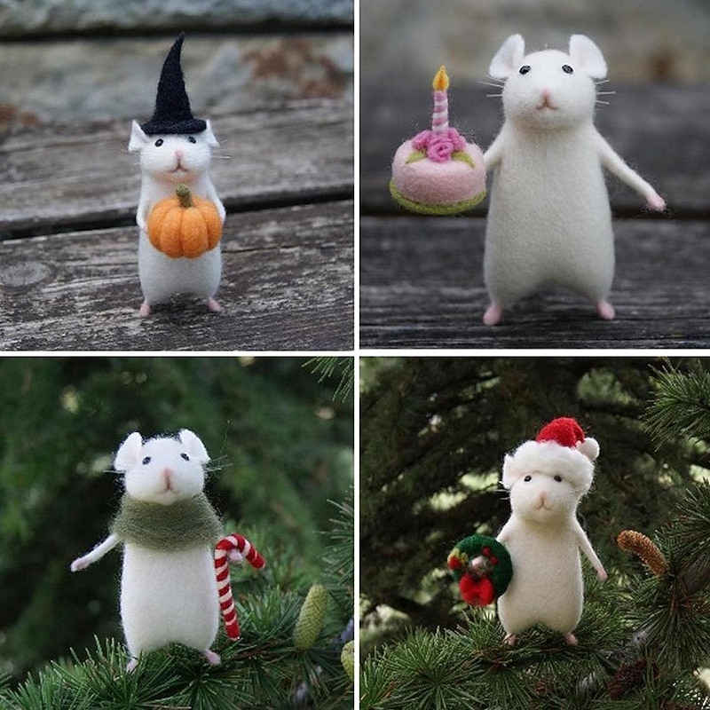 Halloween Mouse with Pumpkin, Christmas Mouse with a Gift,Cute Felt Mouse Ornament Needle Felting Mouse, Birthday Mouse, Needle Felting Kit, No Finished DIYKit Pack, Needle Felting Miniature4