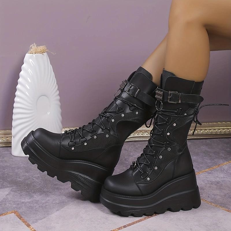Women's Black Platform Lace-Up Motorcycle Boots with Studded Buckles, Gothic Style for Night Out and Alternative Fashion4