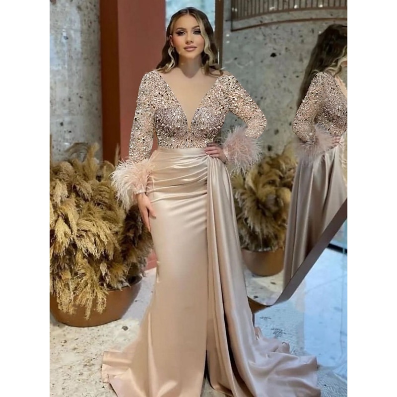 Mermaid Evening Gown Elegant Dress Formal Wedding Court Train Long Sleeve V Neck Satin with Feather Glitter Ruched Masquerade Dress