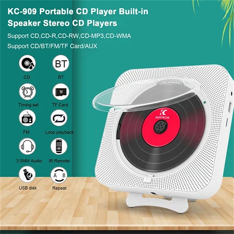 KC-909 Portable CD Player Built-in Speaker Stereo CD Players with Double 3.5mm Headphones Jack LED Screen Wall Mountable CD Music Player with IR Remote Control Supports CD/BT/FM/TF Card/AUX