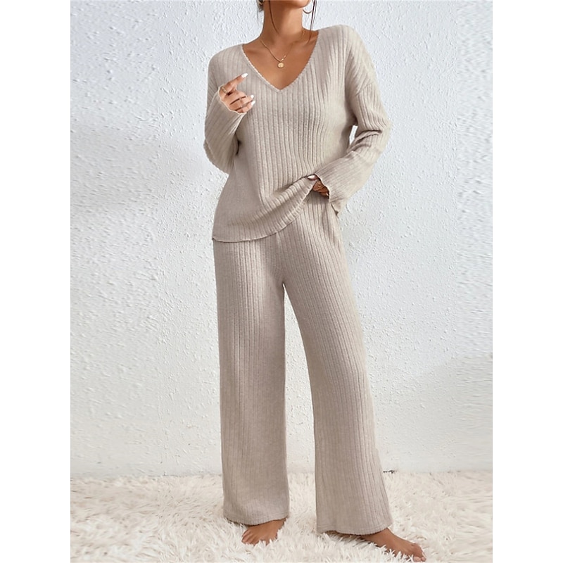 Women's Loungewear Sets Pure Color Casual Comfort Soft Home Daily Vacation Knit Breathable V Wire Long Sleeve Sweater Pant Fall Winter Home Outfits2