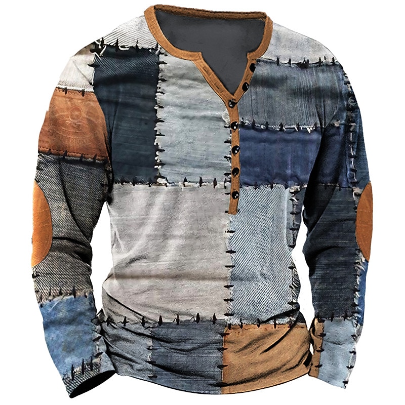 Men's Graphic Patchwork Denim Henley Shirt Long Sleeve 3D Print Daily Retro Vintage Casual Casual Holiday Going out Spring &  Fall Royal Blue Blue Sky Blue Dark Blue Henley Henley T-Shirt2