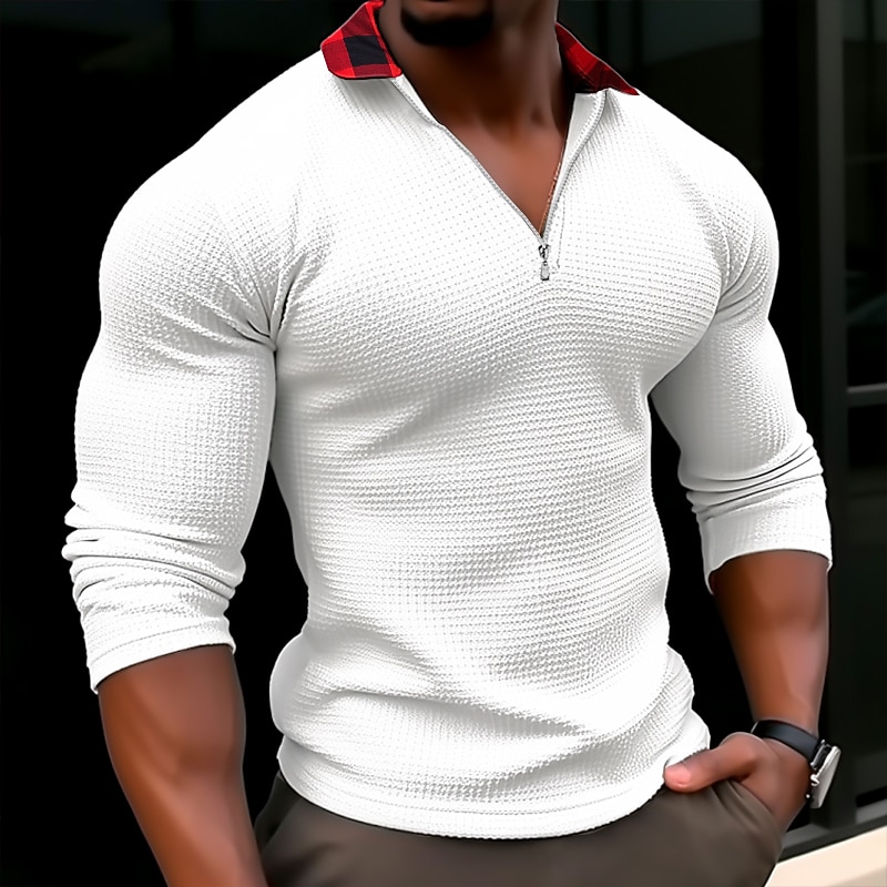 Men's Waffle Tee T Shirt Waffle Henley Shirt Tee Top Long Sleeve V Neck Lapel Spring &  Fall Plain Fashion Designer Basic Print Vacation Street Going out Black White Red Top Tee for Men
