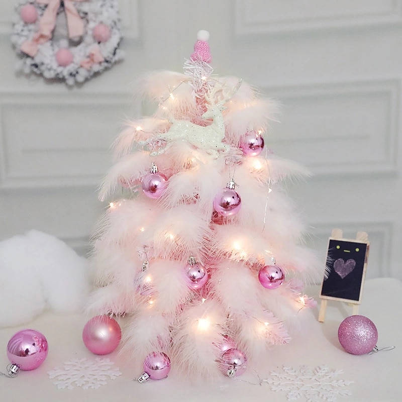 45CM Pink Feather Christmas Tree Set Blue Christmas Tree Decorative Ornaments Mini Christmas Tree New Year's Eve Decorative Desktop Decoration Holiday Creative Gift4