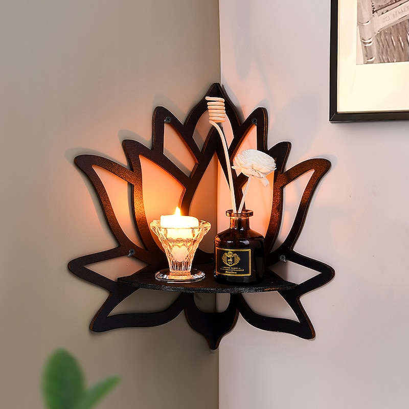 Elegant Wooden Lotus Single Tier Wall Shelf for Home Decor and Storage