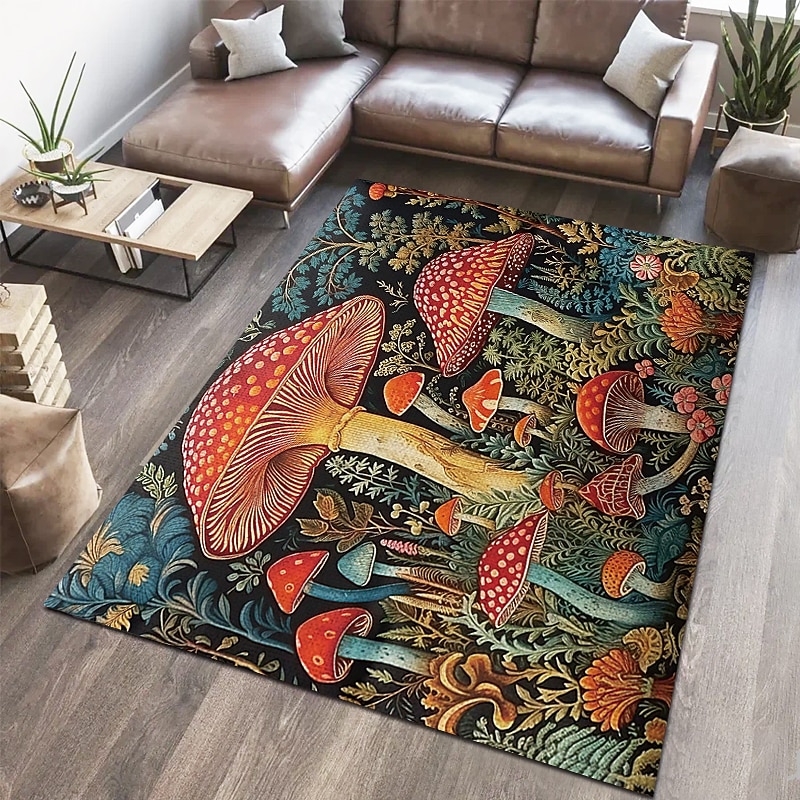 Floral Mushrooms Floor Mat Rug Area Rug Black Carpet Illusion Flannel Rugs Ultra Soft Non-Slip Rug for Room Deco3