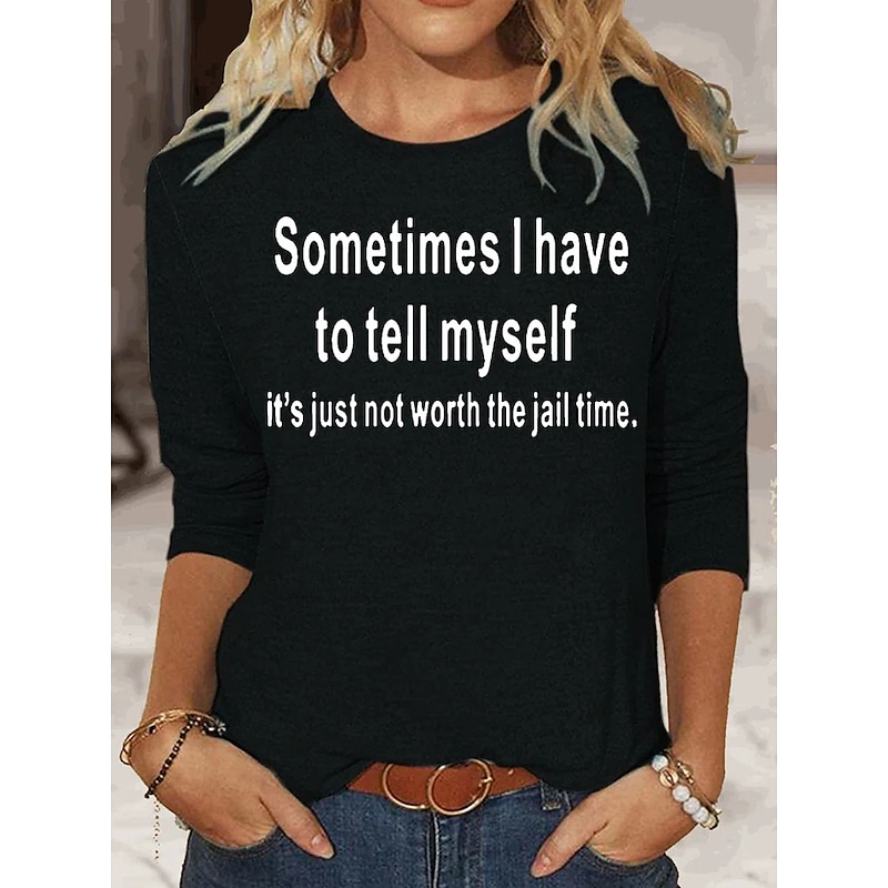 Women's T shirt Long Sleeve Letter Behavior Fashion Long Sleeve Round Neck Regular Tops Daily Weekend Print Black Blue Khaki Spring & Fall Spring, Fall, Winter,  Prefall2