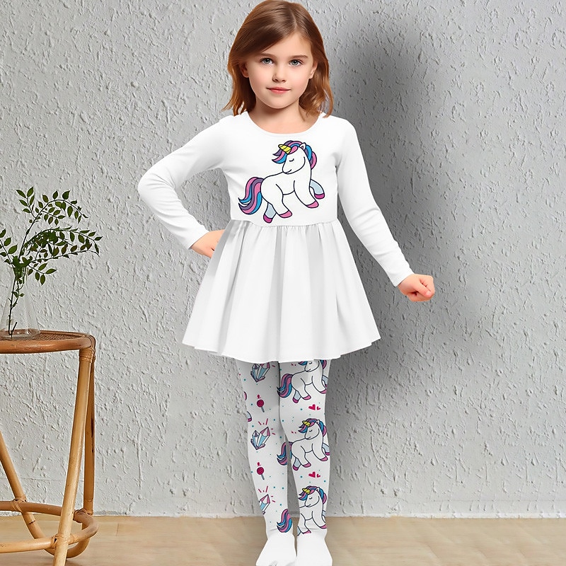 Girls' 3D Unicorn T-shirt & Legging Ruffle Dress Set Long Sleeve 3D Print Fall Winter Active Fashion Daily Kids 3-12 Years Outdoor Vacation Date Regular Fit3