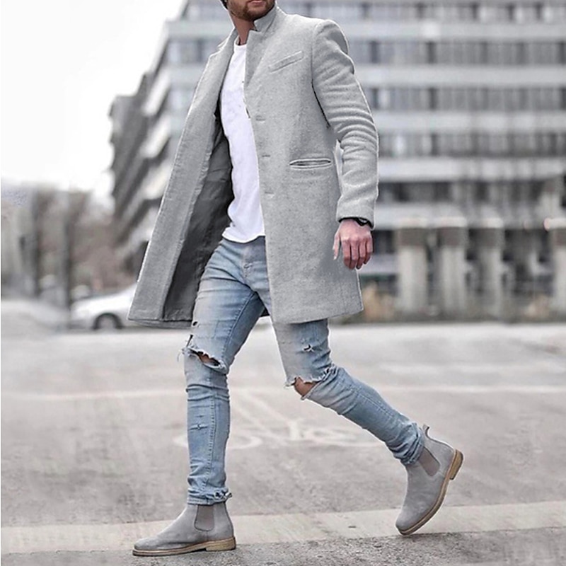 Men's Winter Coat Overcoat Trench Coat Short Coat Overcoat Work Business Winter Polyester Warm Outerwear Clothing Apparel Solid Colored Classic Style Notch lapel collar2
