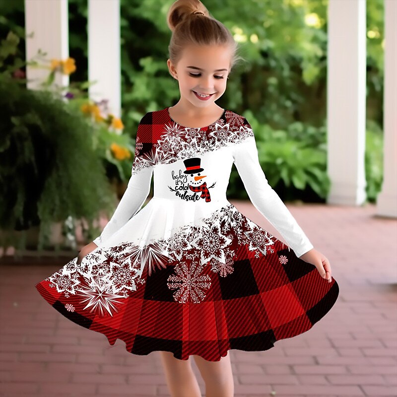 Girls' 3D Plaid Snowman Snowflake Dress Snowflake Dress Long Sleeve 3D Print Fall Winter Vacation Sports & Outdoor Daily Cute Casual Beautiful Kids 3-12 Years Casual Dress A Line Dress Above Knee2