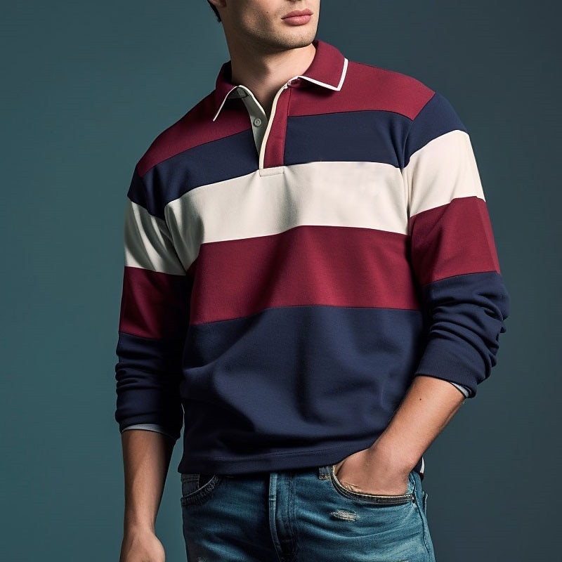 Men's Striped Rugby Polo Shirts Long Sleeve Polo Shirts Zip Casual Outdoor Casual Daily Streetwear 3D Print Fall & Winter Yellow Wine Red