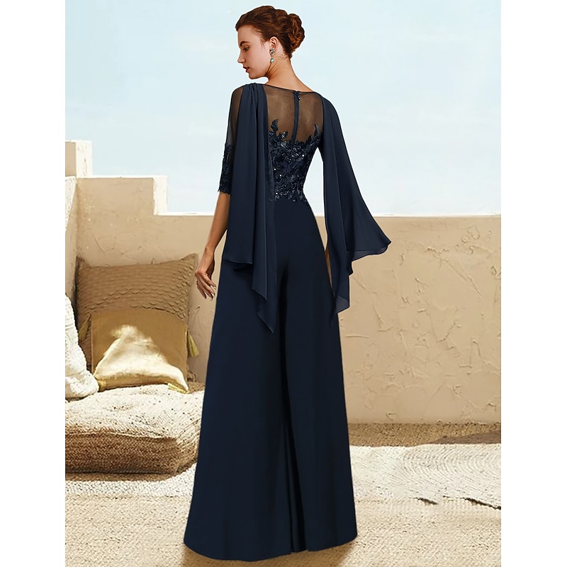 Jumpsuit Mother of the Bride  Formal Wedding Guest Elegant Cowl Neck Floor Length Lace Stretch Chiffon Half Sleeve with Sequin Appliques2