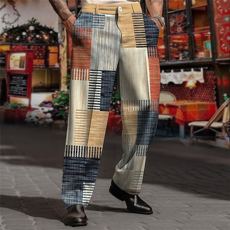 Plaid Geometry Business Men's 3D Print Pants Trousers Outdoor Street Wear to work Polyester Yellow Red Purple S M L High Elasticity Pants