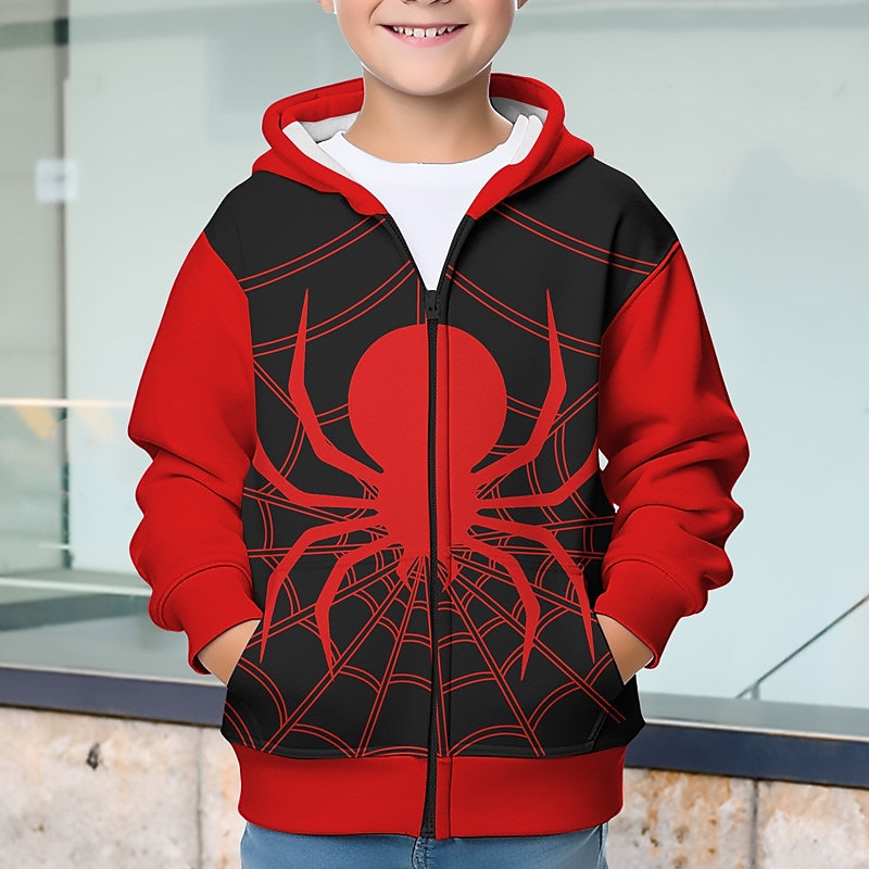 Boys 3D Spider Hoodie Coat Outerwear Long Sleeve 3D Print Fall Winter Fashion Streetwear Cool Kids 3-12 Years Outdoor Casual Daily Regular Fit