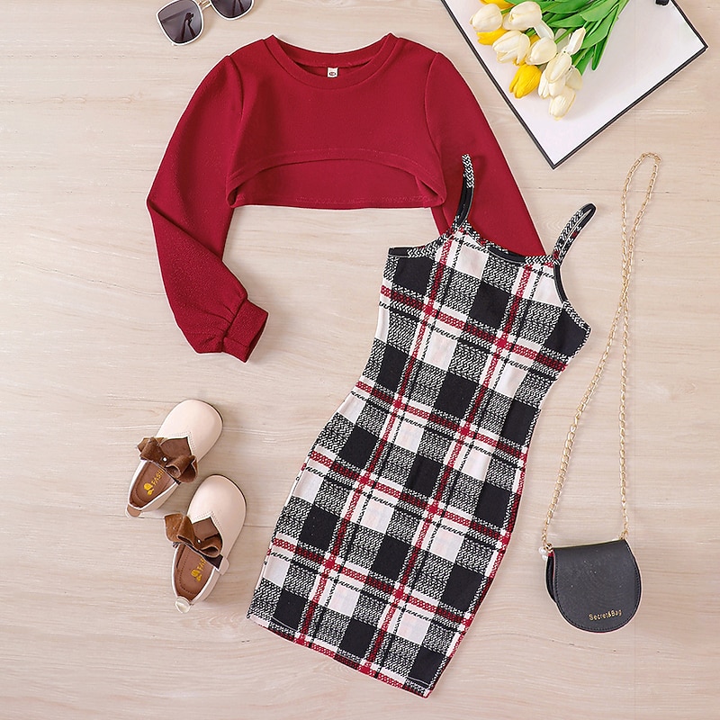 2 Pieces Kids Girls' Color Block Dress Suits Set Long Sleeve Adorable Performance Cotton 7-13 Years Spring Black