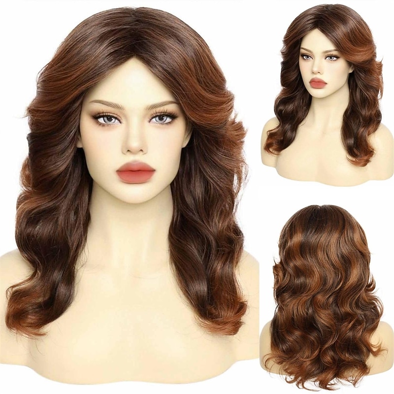 80s Vintage Wig For Women  Wig Cap Brown 70s Disco Wig for Women 80s Feathered Wigs with Long Curly Hair Synthetic Hair Wig Ladys Wigs for Costume Carnival Cosplay Parties Halloween Wigs