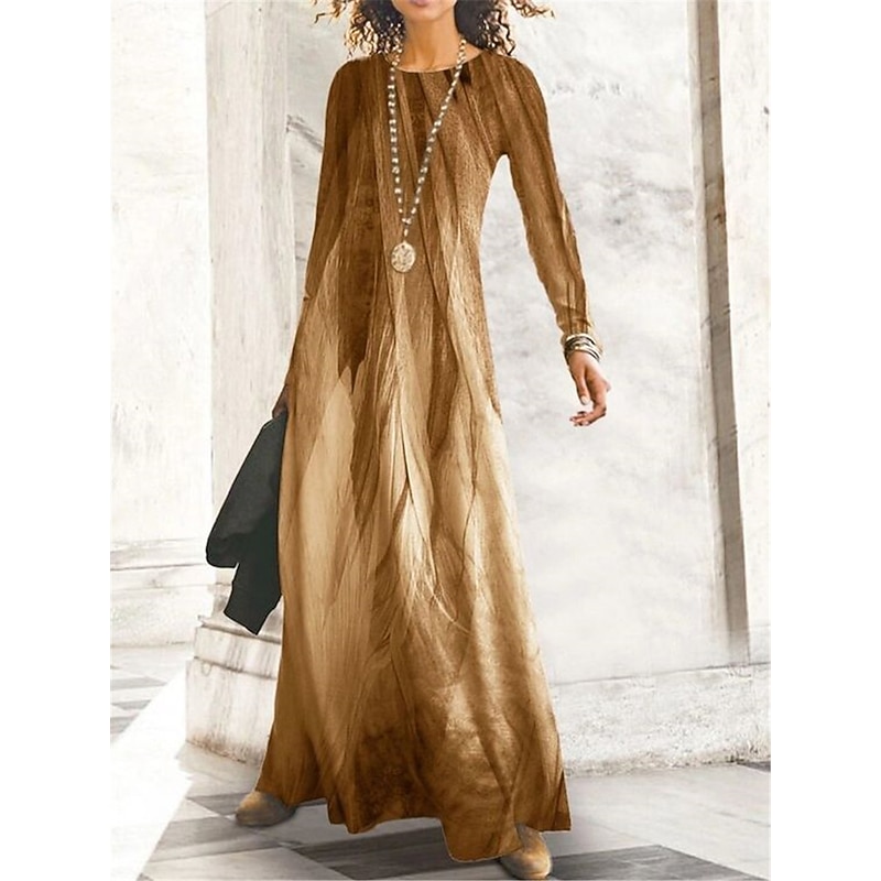 Women's Maxi Dress Vintage Bohemian A Line Dress Crew Neck Long Sleeve Casual Winter Dress Shift Dress Fashion Modern Mature Outdoor Daily Date Regular Fit Ombre Yellow Blue Purple Khaki Fall Winter4