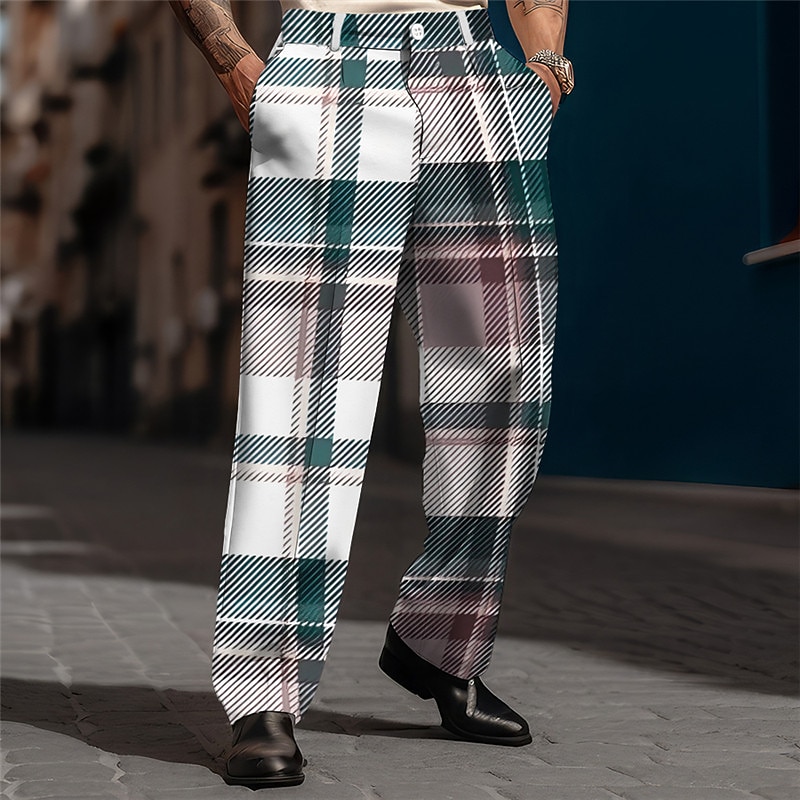 Plaid Business Men's 3D Print Pants Trousers Outdoor Street Wear to work Polyester Blue Purple Brown S M L High Elasticity Pants2