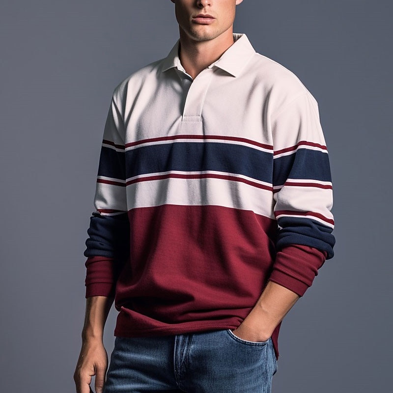 Men's Striped Rugby Polo Shirts Long Sleeve Polo Shirts Zip Casual Outdoor Casual Daily Streetwear 3D Print Fall & Winter Wine Red Navy Blue