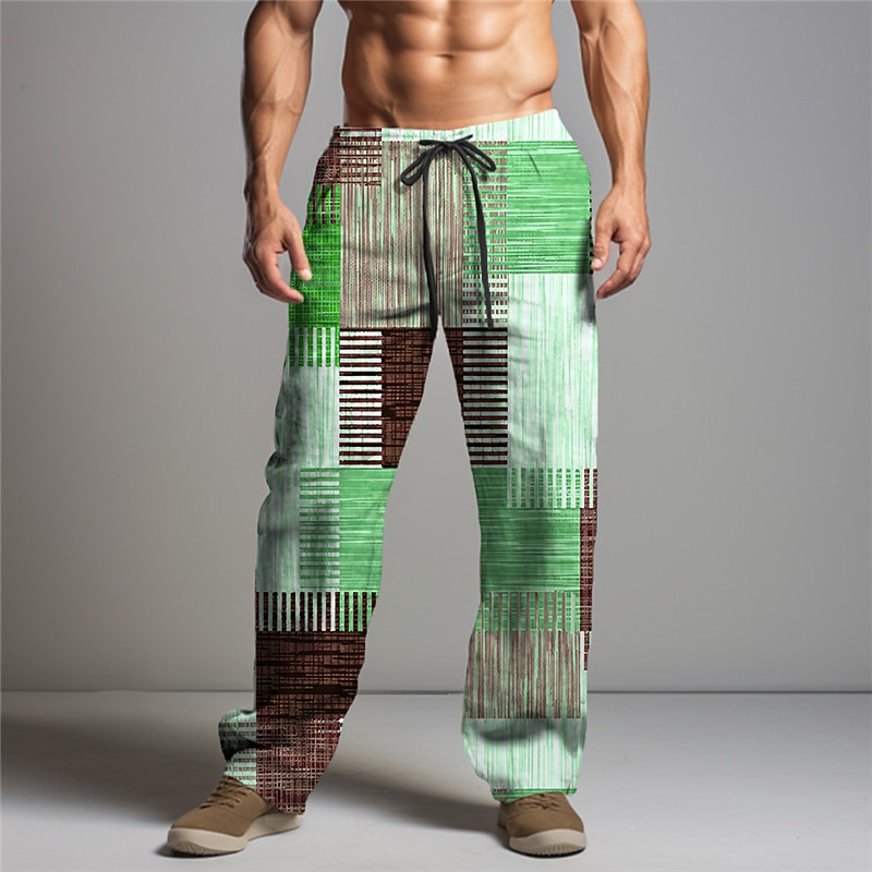 Christmas Patchwork Pants Mens Graphic Stripe Geometry Casual 3D Print Trousers Outdoor Street Going Polyester Yellow Pink Orange Mid Waist Elasticity Squares Brown Cotton Abstract2
