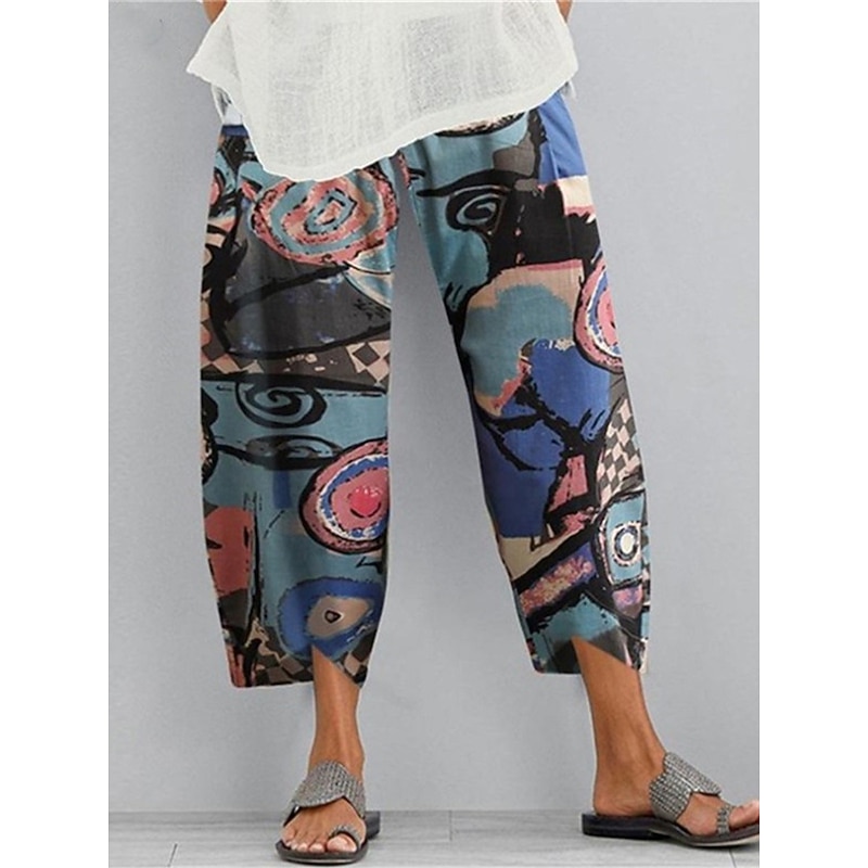 Women's Wide Leg Cotton Linen Pants Pants Trousers Vintage Ethnic Style Ethnic Ankle-Length High Waist Color Block Abstract Pocket Elastic Waist Print Comfort Breathability Soft Micro-elastic Casual